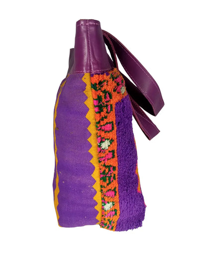 Handmade Purple Shag Bag | Boho Tribal Tote with Leather Handles | Artisanal Boucherouite Style Carpet Bag