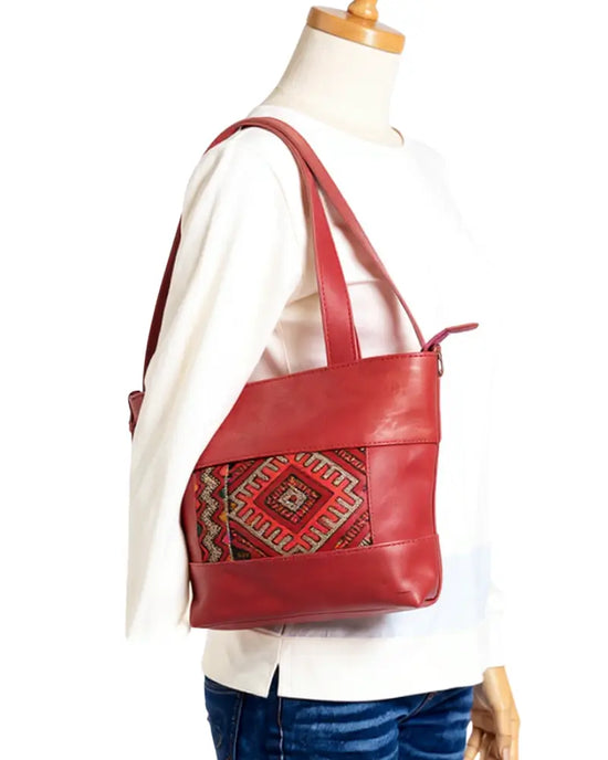 Red Leather Tote, Convertible Tote, Crossbody Tote, Red Handbag, Kilim Bag, One of a Kind Purse, Artisan Made, Statement Bag, Bold Red Bag, Zipper Tote, Genuine Leather, Boho Chic, Ethnic Handbag, Shoulder Bag, Sustainable Fashion, Eco-Friendly, Unique Gift for Her, Ruby Red, Crimson Bag, Travel Tote, Work Tote, One of One.

