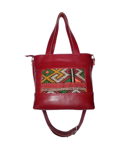 Red Leather Convertible Tote, Ethnic Boho Purse, One-of-a-Kind