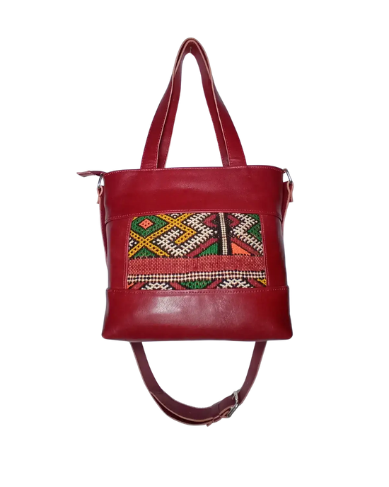 Red Leather Convertible Tote, Ethnic Boho Purse, One-of-a-Kind