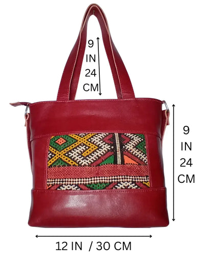 Red Leather Convertible Tote, Ethnic Boho Purse, One-of-a-Kind