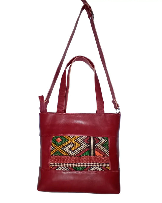 Red Leather Convertible Tote, Ethnic Boho Purse, One-of-a-Kind