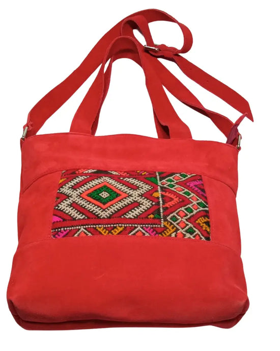 The Crimson Kilim Convertible Tote - One-of-a-Kind Red Suede & Artisan Shoulder Bag - Berber Handcrafts