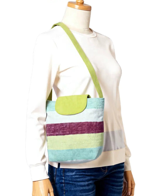Striped Crossbody Bag, One of a Kind Purse, Coastal Style, Preppy Boho, Woven Wool Bag, Leather Flap Purse, Blue and White Stripe, Burgundy Bag, Summer Purse, Beach Bag, Lightweight Bag