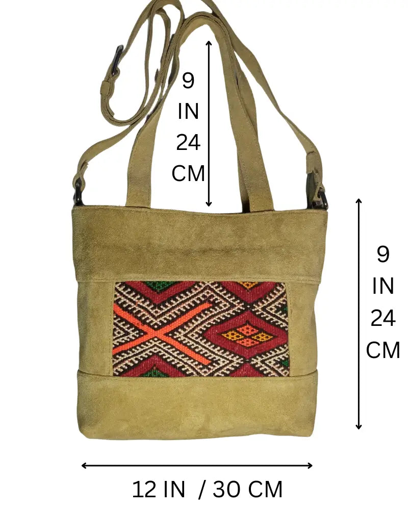 Suede Tote Bag, Kilim Tote, Artisan Shoulder Bag, Genuine Suede, Beige Suede Purse, Convertible Crossbody, Zipper Tote, Southwestern Style, Berber Design, Handmade Tote, Sustainable Fashion