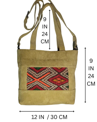 Suede Tote Bag, Kilim Tote, Artisan Shoulder Bag, Genuine Suede, Beige Suede Purse, Convertible Crossbody, Zipper Tote, Southwestern Style, Berber Design, Handmade Tote, Sustainable Fashion