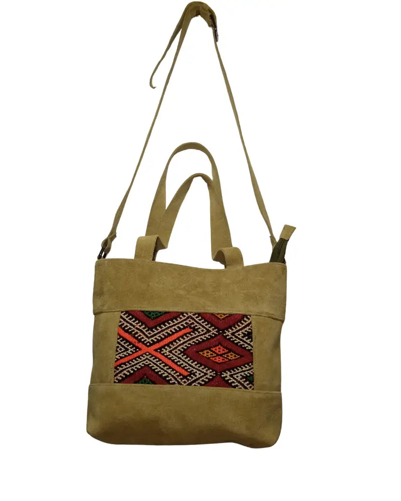 Suede Tote Bag, Kilim Tote, Artisan Shoulder Bag, Genuine Suede, Beige Suede Purse, Convertible Crossbody, Zipper Tote, Southwestern Style, Berber Design, Handmade Tote, Sustainable Fashion