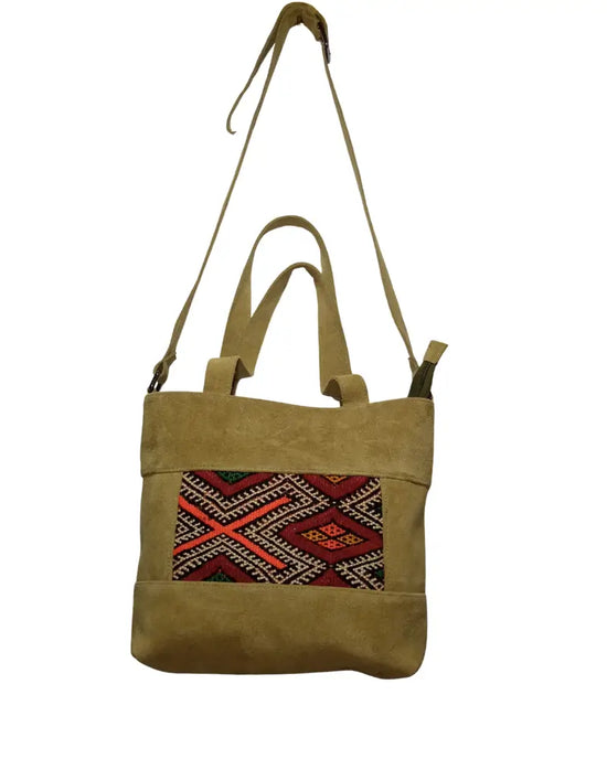 Suede Tote Bag, Kilim Tote, Artisan Shoulder Bag, Genuine Suede, Beige Suede Purse, Convertible Crossbody, Zipper Tote, Southwestern Style, Berber Design, Handmade Tote, Sustainable Fashion