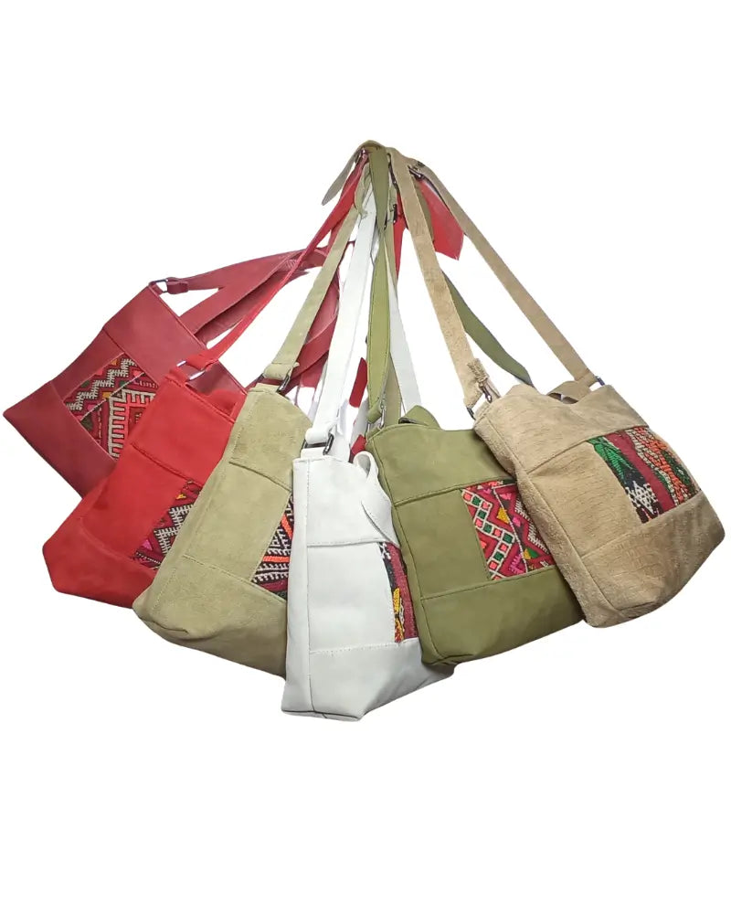 Suede Tote Bag, Kilim Tote, Artisan Shoulder Bag, Genuine Suede, Beige Suede Purse, Convertible Crossbody, Zipper Tote, Southwestern Style, Berber Design, Handmade Tote, Sustainable Fashion