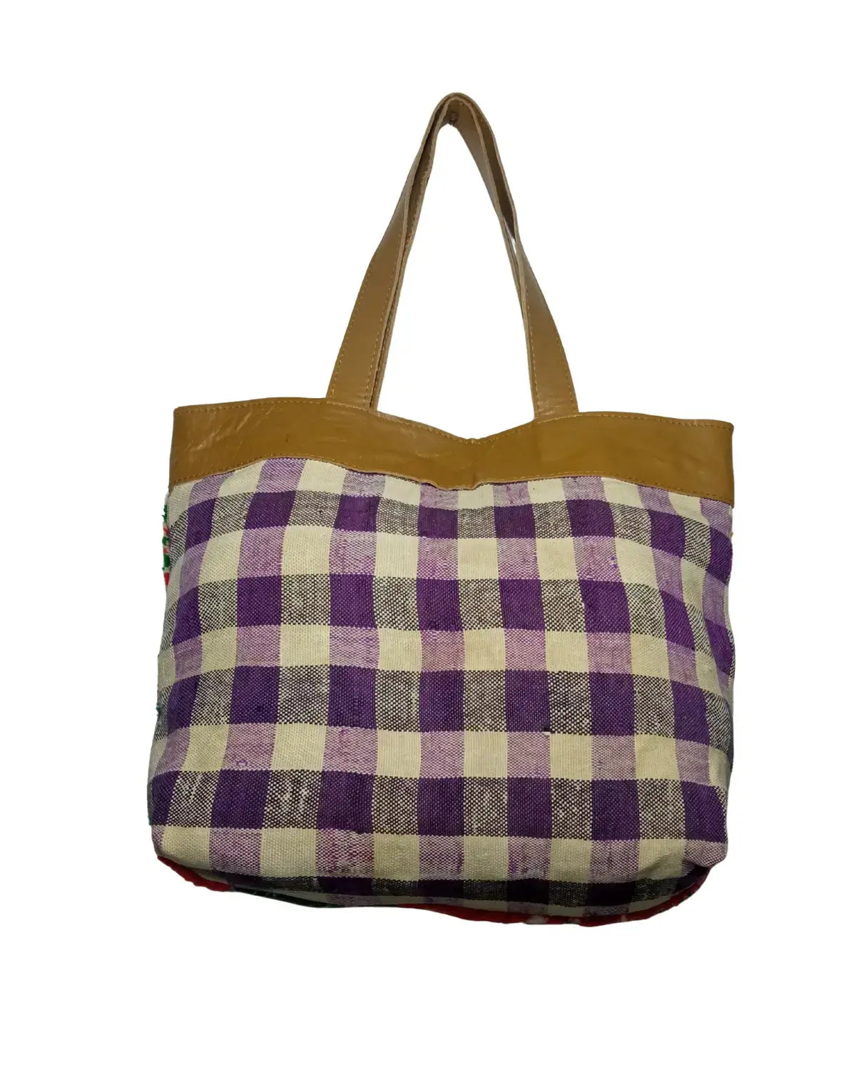 Tote bag with purple and white checkered pattern and brown handle on a white background