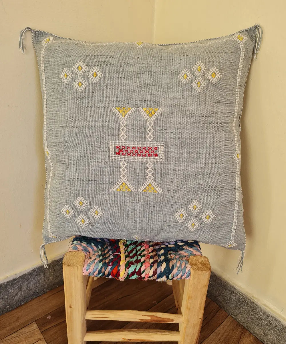 Two Handmade Moroccan Cactus Silk Pillows in Elegant Gray