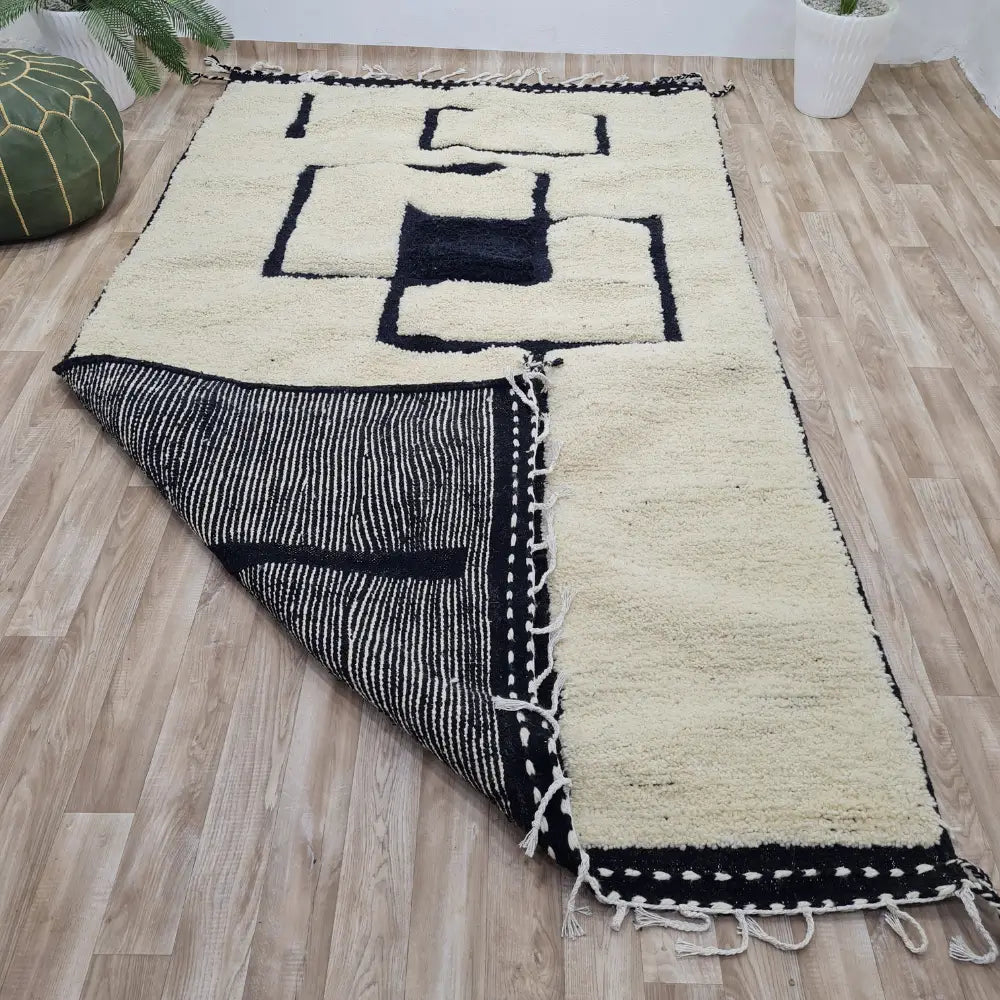 Modern Abstract Moroccan Rug – Beni Ourain Wool Carpet with Black Geometric Design- Custom Size - Berber Handcrafts