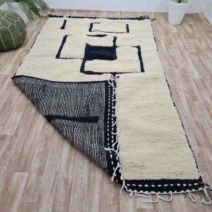 Modern Abstract Moroccan Rug – Beni Ourain Wool Carpet with Black Geometric Design- Custom Size - Berber Handcrafts