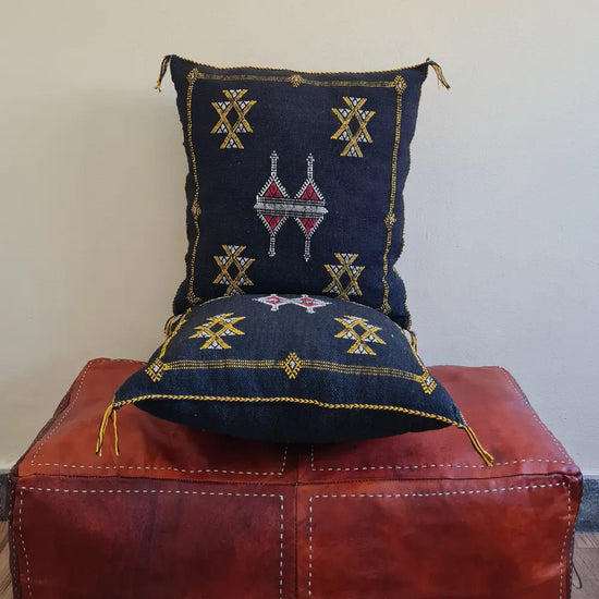 Set of 2 Black Sabra Silk Pillows with Yellow and Red Tribal Motifs – Handmade Moroccan Cushion Covers - Berber Handcrafts
