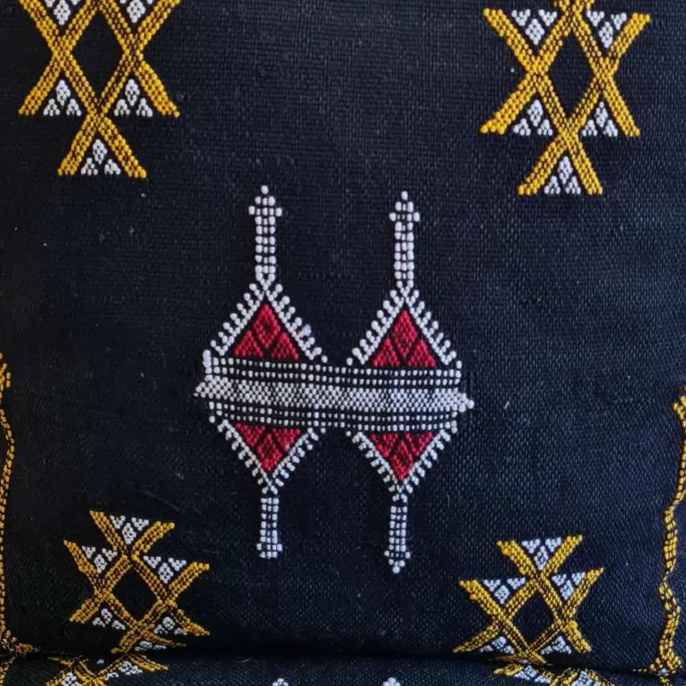 Set of 2 Black Sabra Silk Pillows with Yellow and Red Tribal Motifs – Handmade Moroccan Cushion Covers - Berber Handcrafts