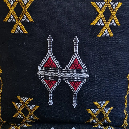 Set of 2 Black Sabra Silk Pillows with Yellow and Red Tribal Motifs – Handmade Moroccan Cushion Covers - Berber Handcrafts