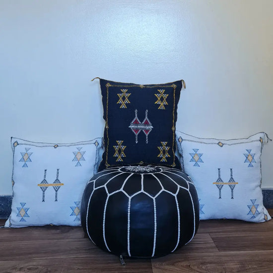 Set of 2 Black Sabra Silk Pillows with Yellow and Red Tribal Motifs – Handmade Moroccan Cushion Covers - Berber Handcrafts