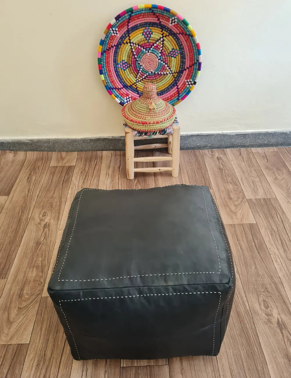 Black Moroccan Leather Pouf – Minimalist, Earthy & Artisan-Crafted