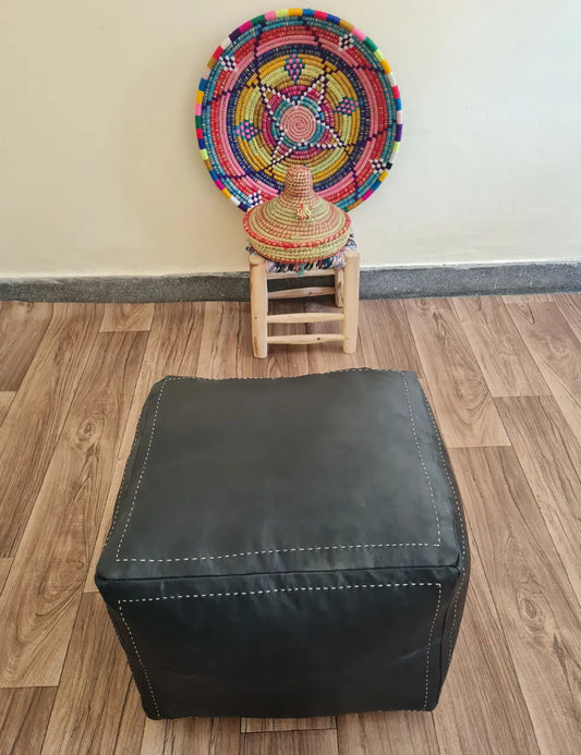 Black Moroccan Leather Pouf – Minimalist, Earthy & Artisan-Crafted