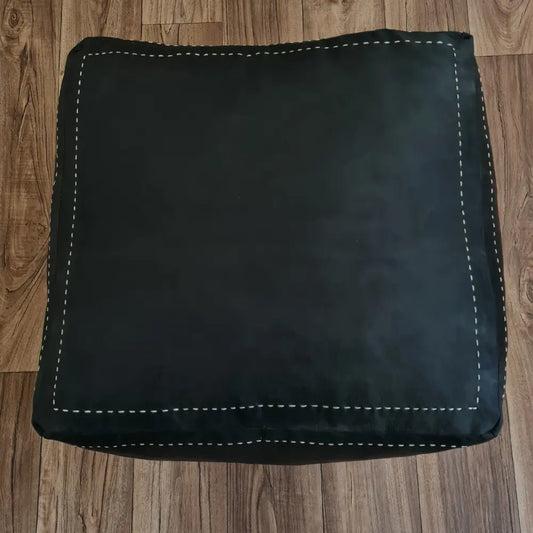 Black Moroccan Leather Pouf – Minimalist, Earthy & Artisan-Crafted