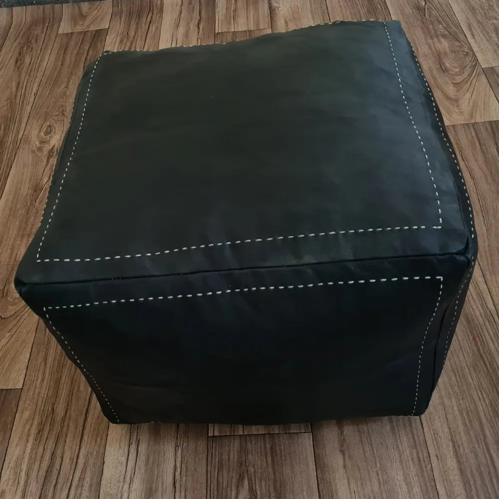 Black Moroccan Leather Pouf – Minimalist, Earthy & Artisan-Crafted