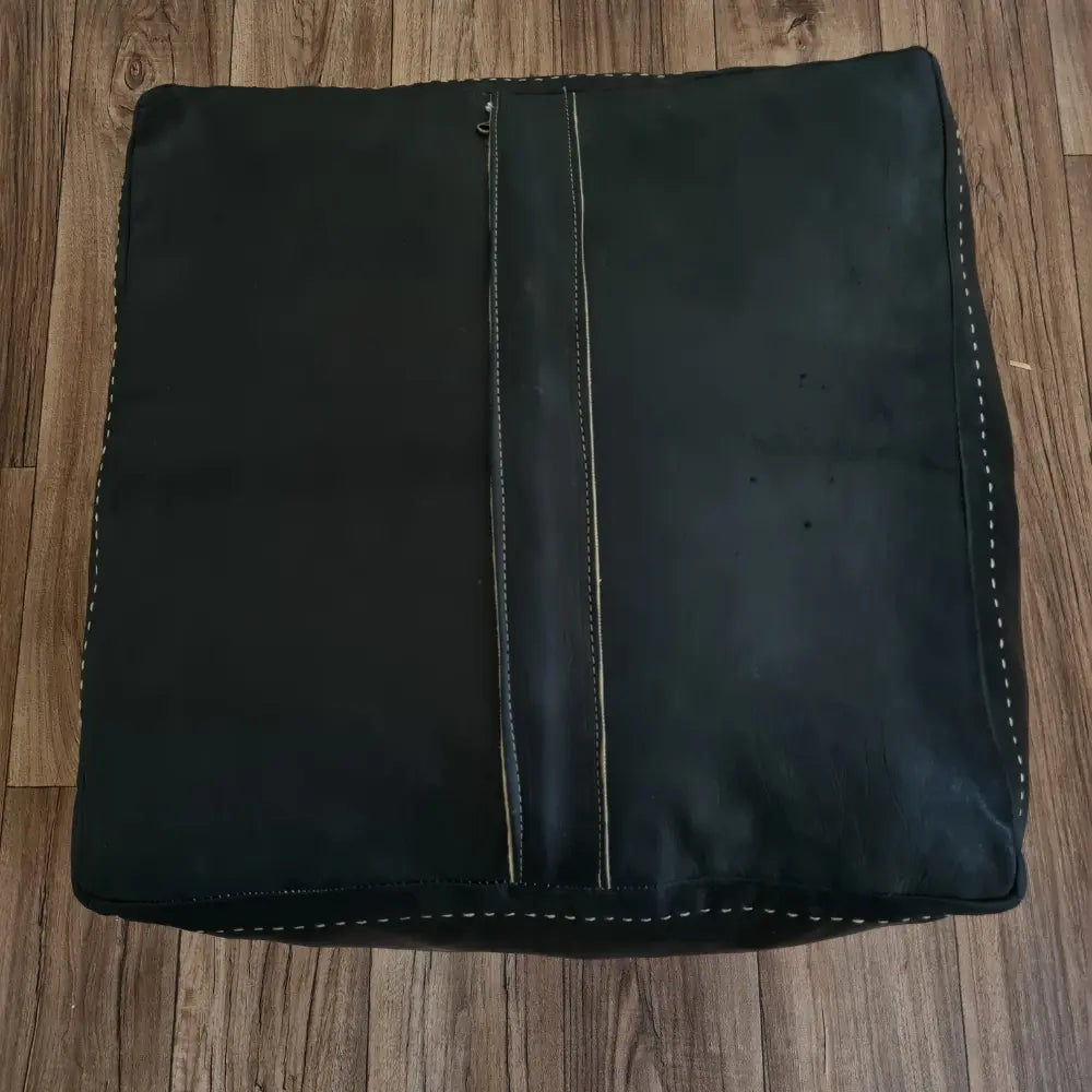 Black Moroccan Leather Pouf – Minimalist, Earthy & Artisan-Crafted