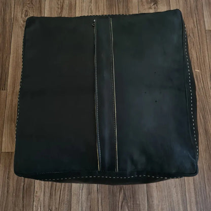 Black Moroccan Leather Pouf – Minimalist, Earthy & Artisan-Crafted
