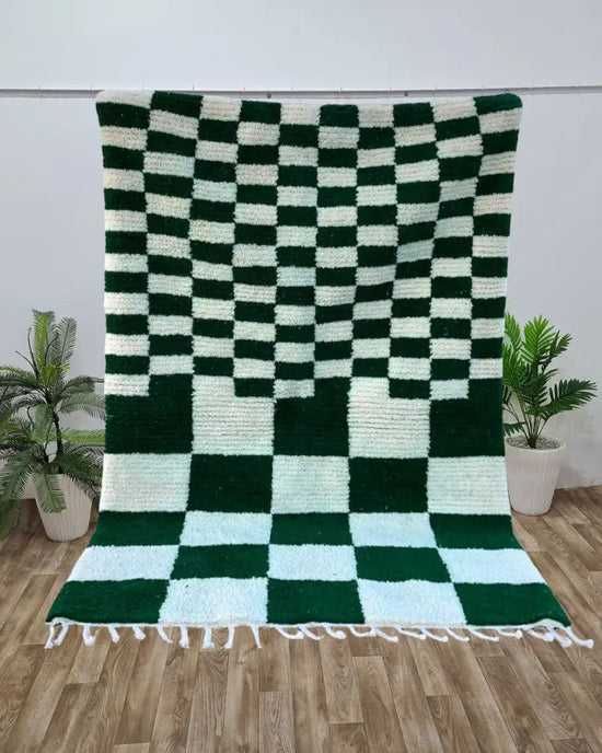 Green Checkered Moroccan Rug – Handwoven Wool Carpet – Custom Size - Berber Handcrafts