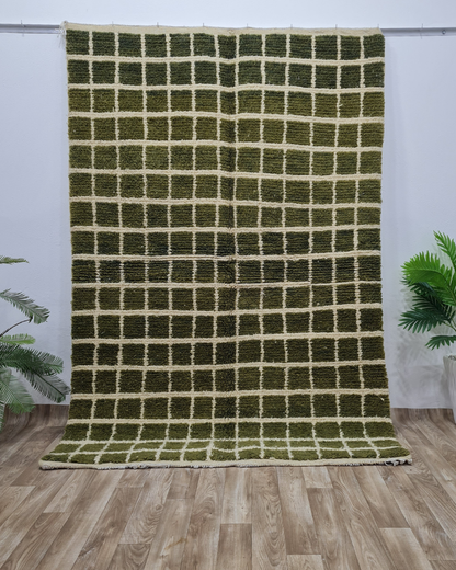 Handmade Green Wool Rug – Plush Checkered Pattern- Custom Size 1 - Berber Handcrafts