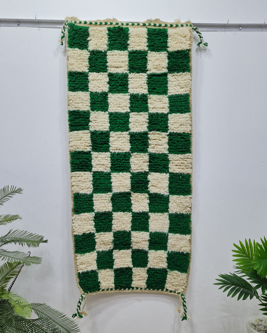 Green and Ivory Checkered Moroccan Rug – Handmade Berber Wool Carpet – Custom Size - Berber Handcrafts