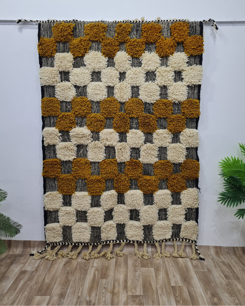 Handwoven Moroccan Pom-Pom Rug| Black & Mustard Yellow Design - Berber Handcrafts