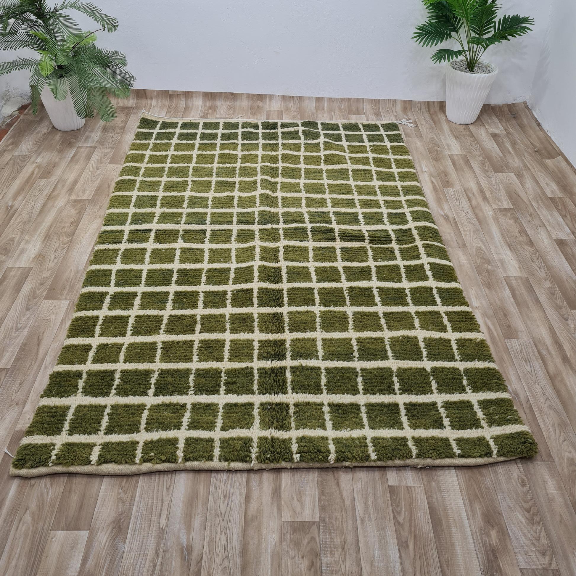 Handmade Green Wool Rug – Plush Checkered Pattern- Custom Size 1 - Berber Handcrafts