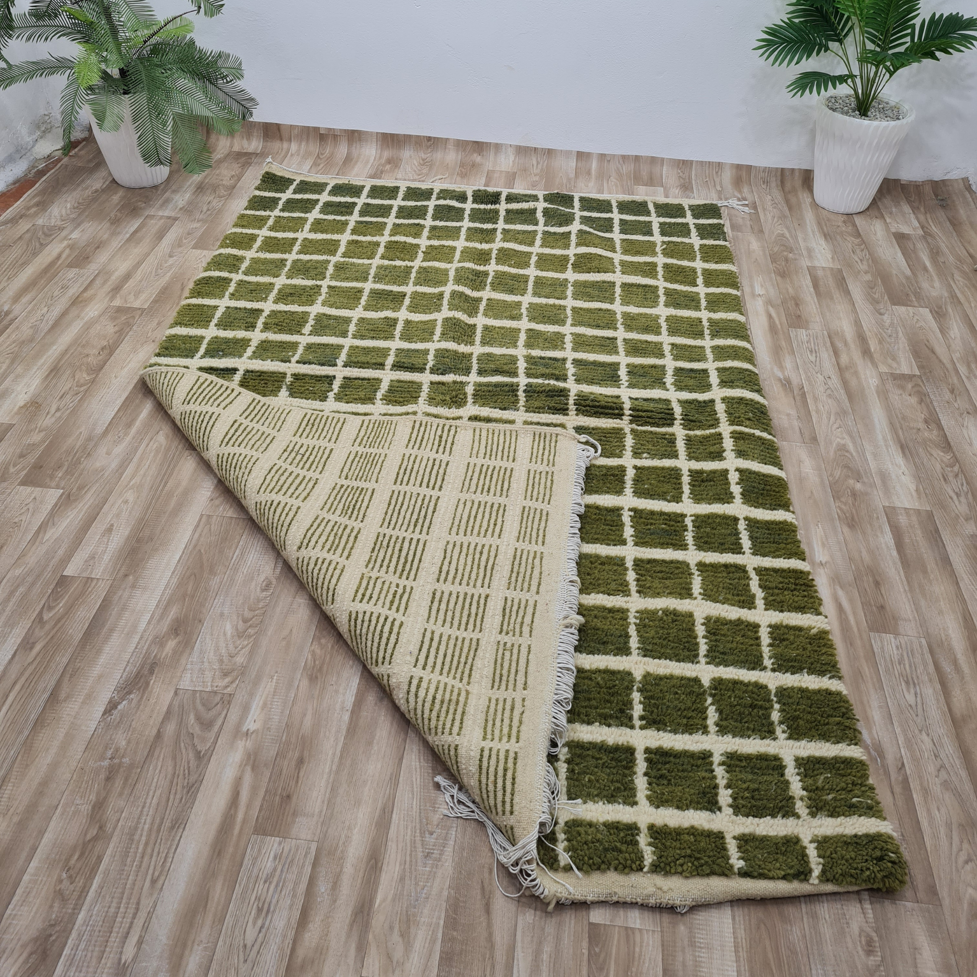 Handmade Green Wool Rug – Plush Checkered Pattern- Custom Size 1 - Berber Handcrafts