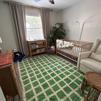 Handmade Green Wool Rug – Plush Checkered Pattern- Custom Size 1 - Berber Handcrafts