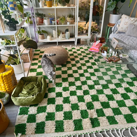 Green and Ivory Checkered Moroccan Rug – Handmade Berber Wool Carpet – Custom Size - Berber Handcrafts