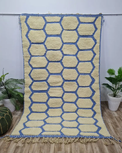 Geometric Moroccan Wool Rug – Blue & Cream Honeycomb Berber Carpet- Custom Size - Berber Handcrafts