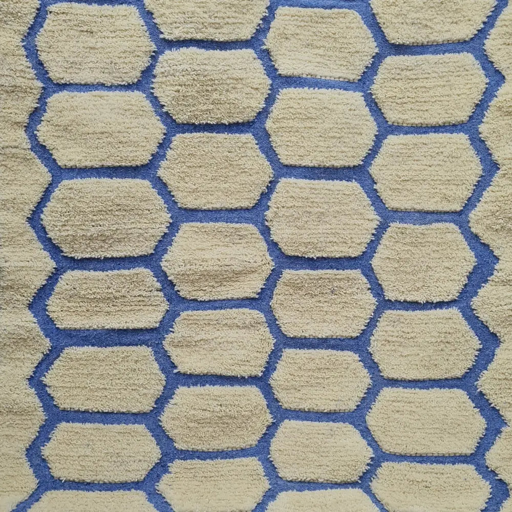 Geometric Moroccan Wool Rug – Blue & Cream Honeycomb Berber Carpet- Custom Size - Berber Handcrafts
