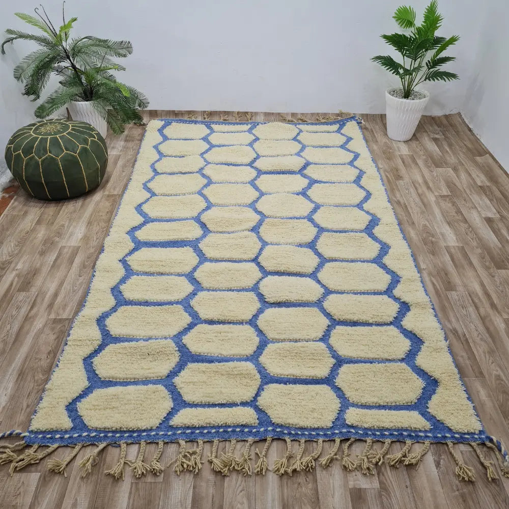 Geometric Moroccan Wool Rug – Blue & Cream Honeycomb Berber Carpet- Custom Size - Berber Handcrafts