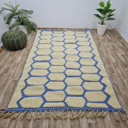 Geometric Moroccan Wool Rug – Blue & Cream Honeycomb Berber Carpet- Custom Size - Berber Handcrafts