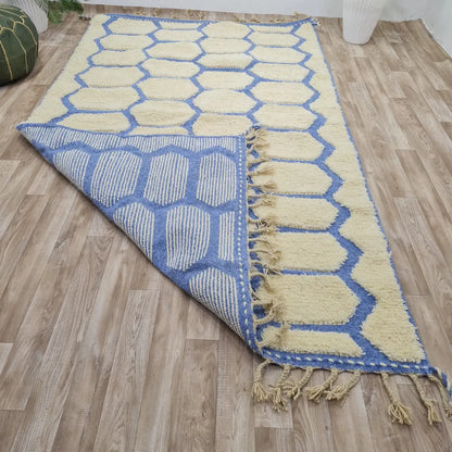 Geometric Moroccan Wool Rug – Blue & Cream Honeycomb Berber Carpet- Custom Size - Berber Handcrafts