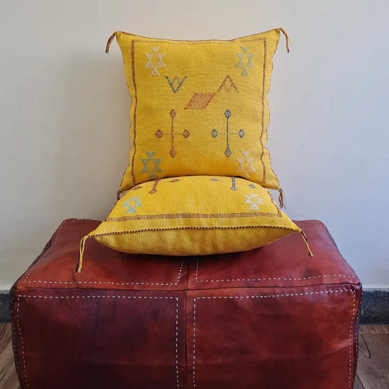 Set of 2 Yellow Sabra Silk Pillows – Handwoven Moroccan Cushions with Colorful Tribal Symbols - Berber Handcrafts