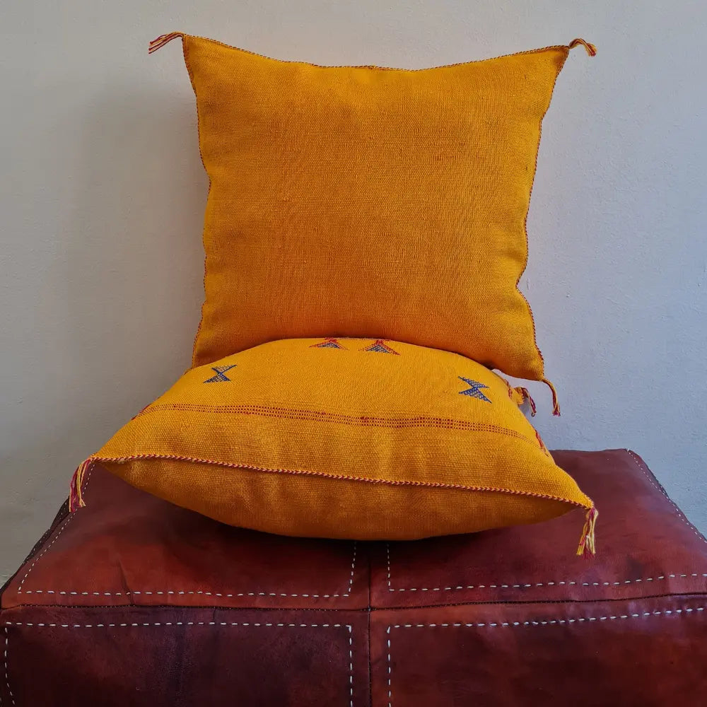 Set of 2 Deep Mustard Sabra Silk Pillows – Minimalist Moroccan Cushion Covers - Berber Handcrafts