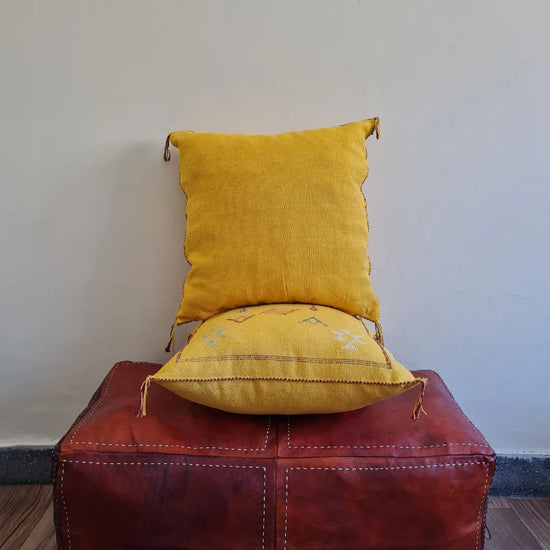 Set of 2 Yellow Sabra Silk Pillows – Handwoven Moroccan Cushions with Colorful Tribal Symbols - Berber Handcrafts